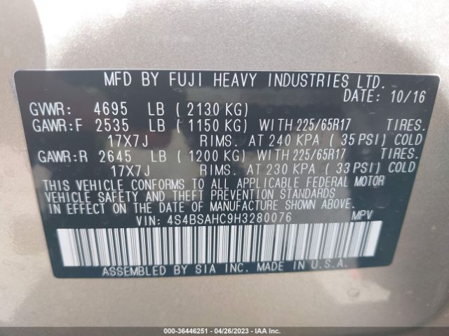4S4BSAHC9H3280076 Subaru Outback Premium