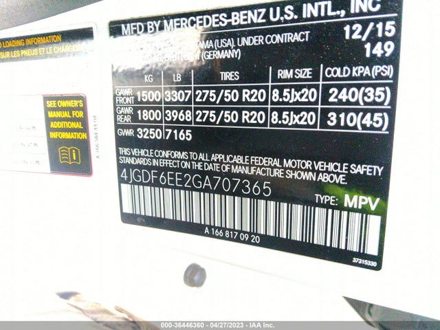 4JGDF6EE2GA707365 Mercedes-Benz Gl Gl 450