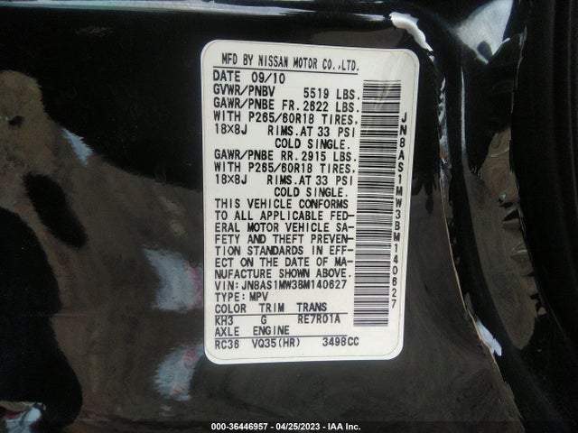 2011 INFINITI FX35 VIN: JN8AS1MW3BM140627
