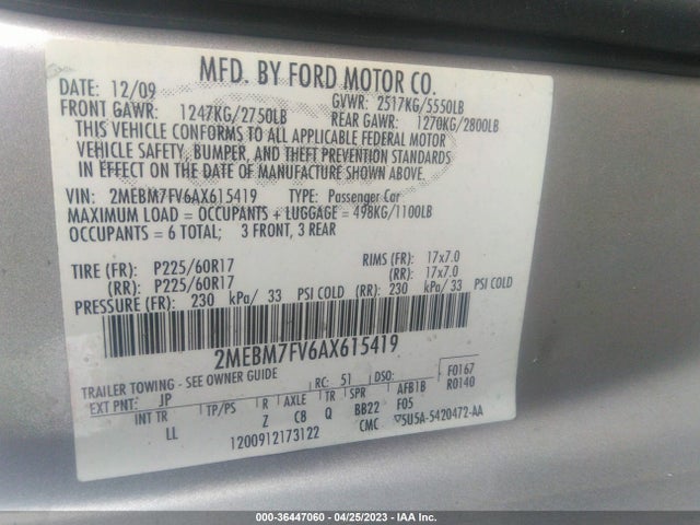 2010 MERCURY GRAND MARQUIS LS VIN: 2MEBM7FV6AX615419