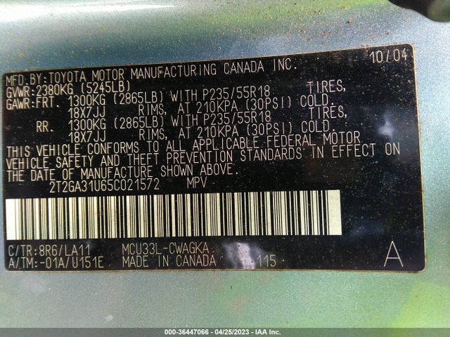 2005 LEXUS RX 330 VIN: 2T2GA31U65C021572