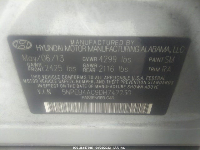 2013 HYUNDAI SONATA GLS VIN: 5NPEB4AC9DH742230