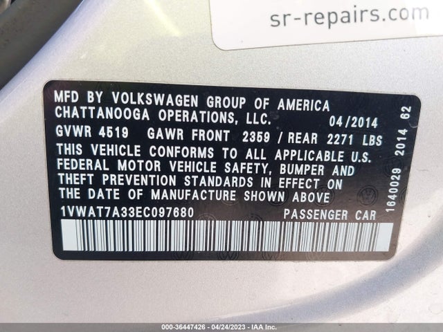 1VWAT7A33EC097680 Volkswagen Passat Wolfsburg Ed