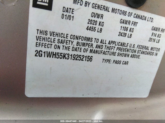2001 CHEVROLET IMPALA LS VIN: 2G1WH55K319252156