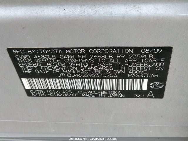 2009 LEXUS ES 350 VIN: JTHBJ46G292340753
