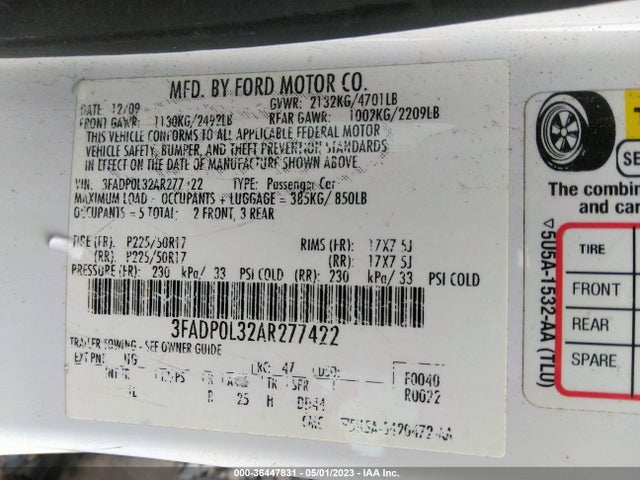 2010 FORD FUSION HYBRID VIN: 3FADP0L32AR277422