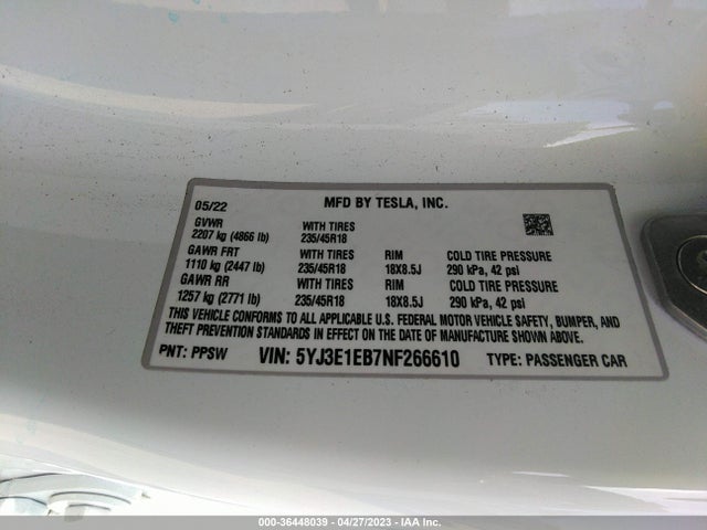 Tesla Model 3 Long Range 2022 5YJ3E1EB7NF266610 Image 11