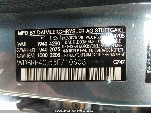2005 MERCEDES-BENZ C-CLASS 1.8L VIN: WDBRF40J55F710603