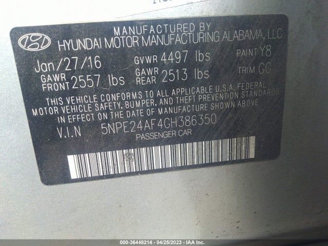 2016 HYUNDAI SONATA 2.4L VIN: 5NPE24AF4GH386350
