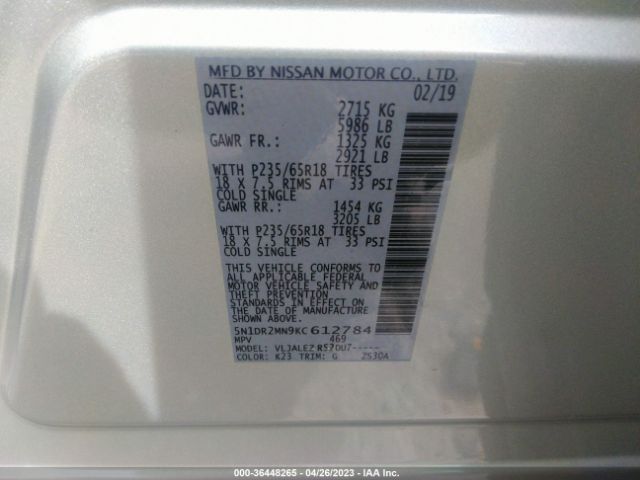 5N1DR2MN9KC612784 Nissan Pathfinder Sv