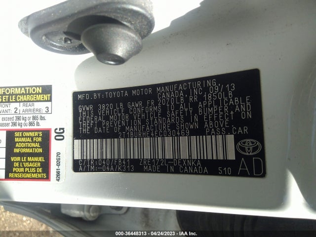2014 TOYOTA COROLLA L/LE/S/S PLUS/LE PLUS VIN: 2T1BURHE4EC030469
