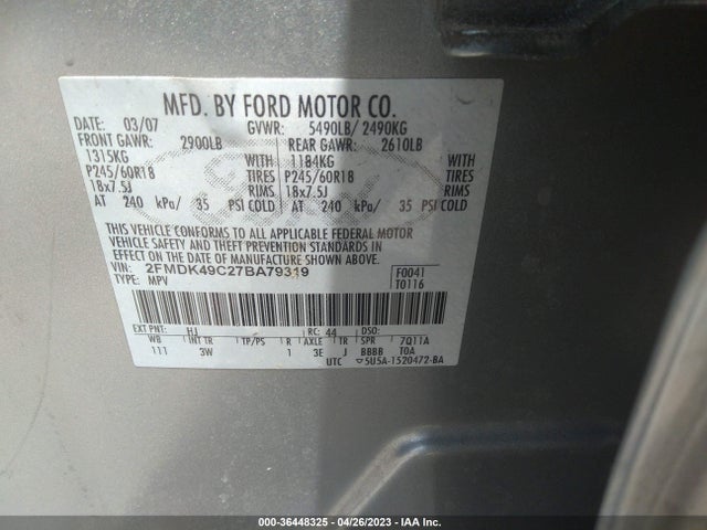 2007 FORD EDGE SEL PLUS VIN: 2FMDK49C27BA79319