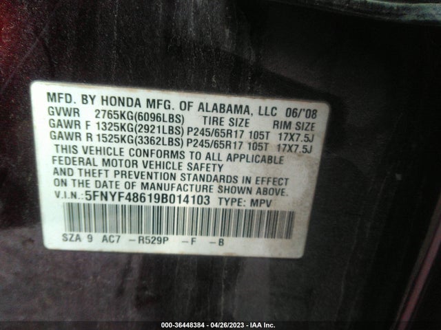 2009 HONDA PILOT EX-L VIN: 5FNYF48619B014103