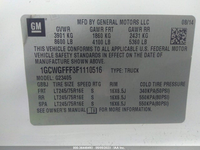 Chevrolet EXPRESS CARGO VAN 2015 1GCWGFFF3F1110516 Image 9