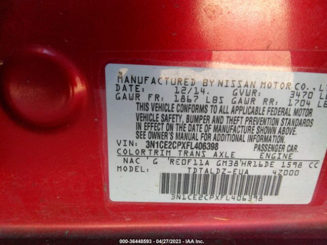 3N1CE2CPXFL406398 Nissan Versa Note S/s Plus/sv/sr/sl