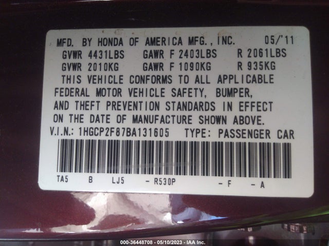 Продажа на аукционе авто 2011 Honda Accord Sdn Ex-l, vin: 1HGCP2F87BA131605, номер лота: 36448708