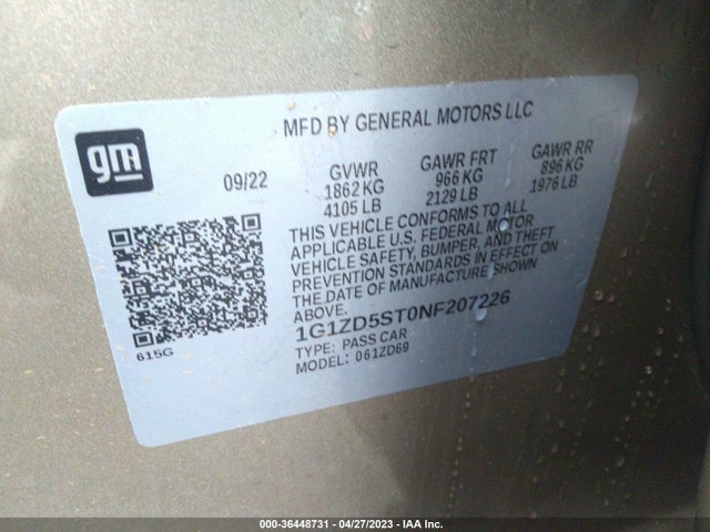 Chevrolet MALIBU LT 2022 1G1ZD5ST0NF207226 Image 9