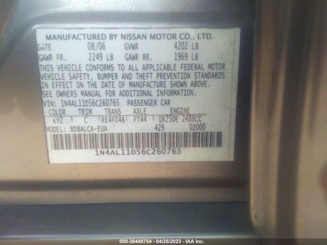 2006 NISSAN ALTIMA 2.5 S VIN: 1N4AL11D56C260765