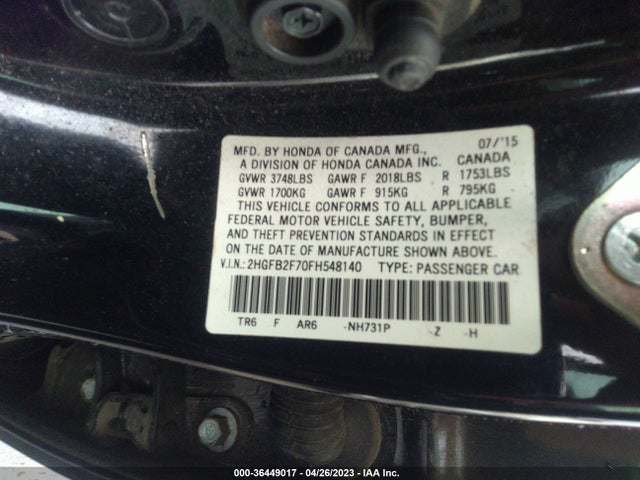 Honda Civic Sedan Se 2015 2HGFB2F70FH548140 Image 9