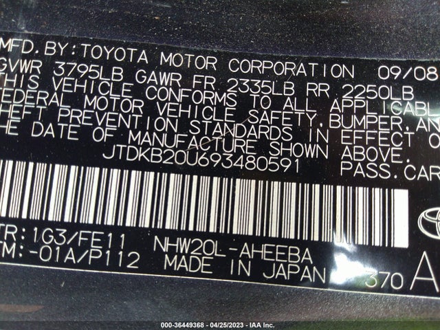 2009 TOYOTA PRIUS VIN: JTDKB20U693480591
