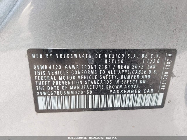 3VWC57BU8MM020150 Volkswagen Jetta S/se/r-line