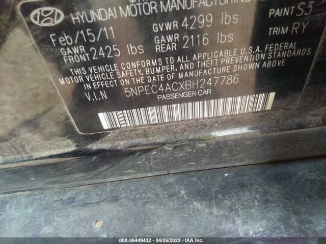 2011 HYUNDAI SONATA SE VIN: 5NPEC4ACXBH247786