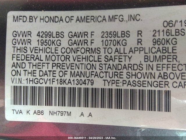 2019 HONDA ACCORD SEDAN LX 1.5T VIN: 1HGCV1F18KA130479