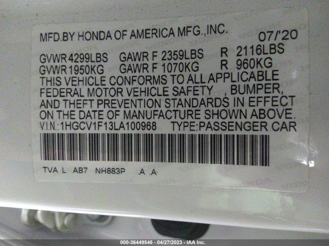 2020 HONDA ACCORD SEDAN LX VIN: 1HGCV1F13LA100968