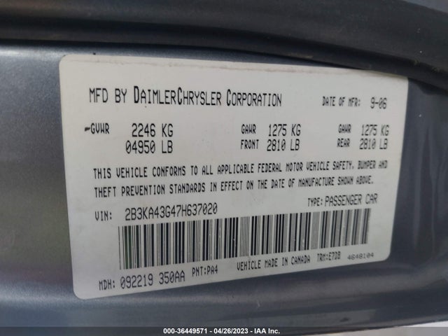 2007 DODGE CHARGER VIN: 2B3KA43G47H637020