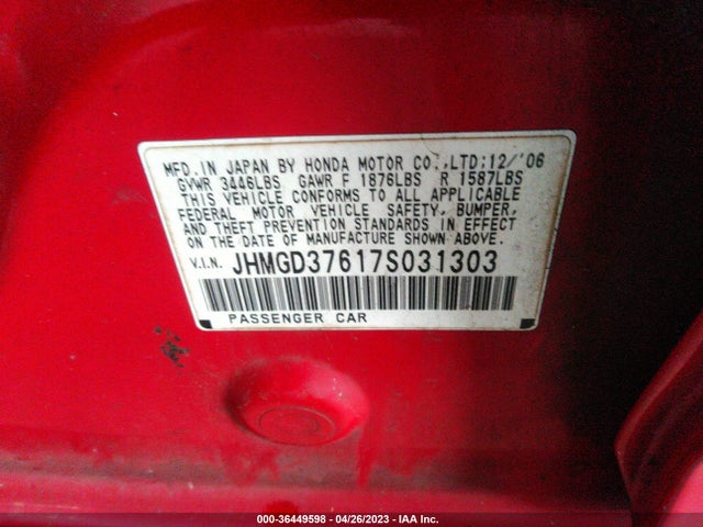 Продаж на аукціоні авто 2007 Honda Fit Sport, vin: JHMGD37617S031303, номер лоту: 36449598