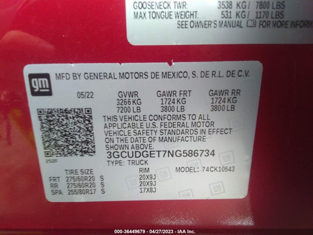 2022 CHEVROLET SILVERADO 1500 LTZ VIN: 3GCUDGET7NG586734