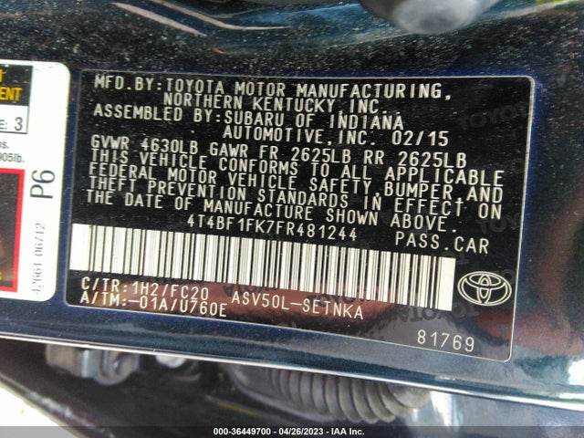 2015 TOYOTA CAMRY XLE/SE/LE/XSE VIN: 4T4BF1FK7FR481244