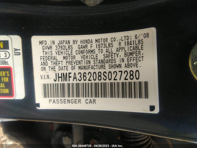 2008 HONDA CIVIC HYBRID VIN: JHMFA36208S027280