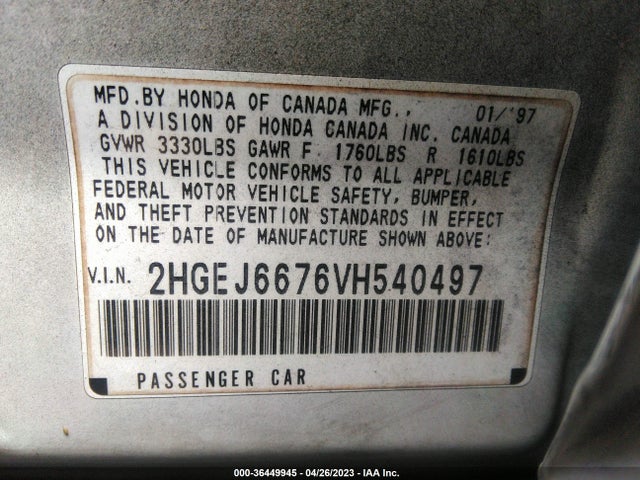1997 HONDA CIVIC LX VIN: 2HGEJ6676VH540497
