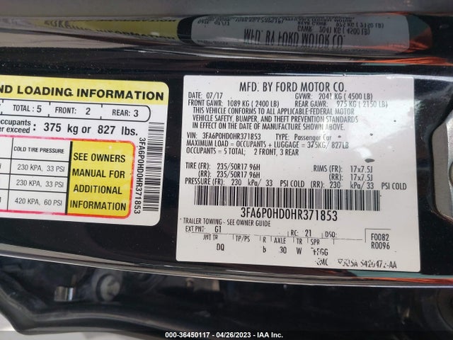 Ford FUSION SE 2017 3FA6P0HD0HR371853 Image 10