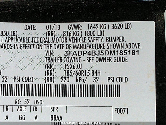 2013 FORD FIESTA SE VIN: 3FADP4BJ5DM185181