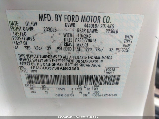 2009 FORD ESCAPE XLT VIN: 1FMCU03739KB63359