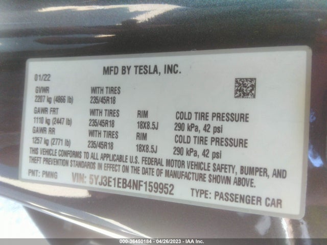 Tesla Model 3 Long Range 2022 5YJ3E1EB4NF159952 Image 10