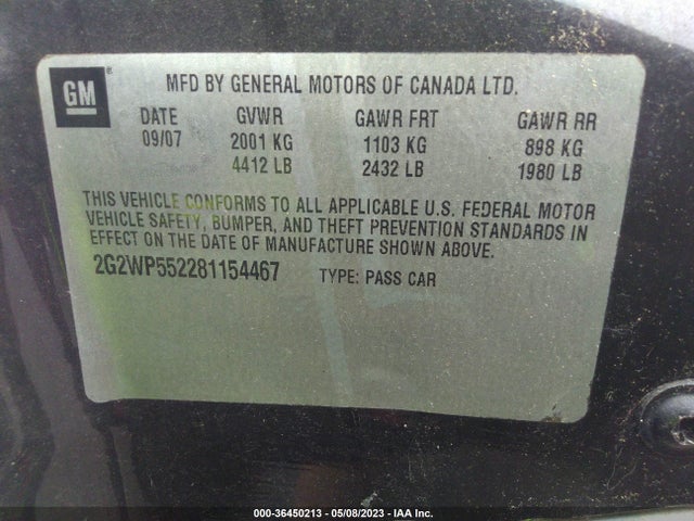 2008 PONTIAC GRAND PRIX VIN: 2G2WP552281154467