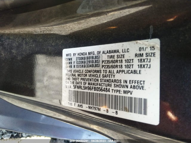Honda Odyssey Touring 2015 5FNRL5H96FB056484 Image 9