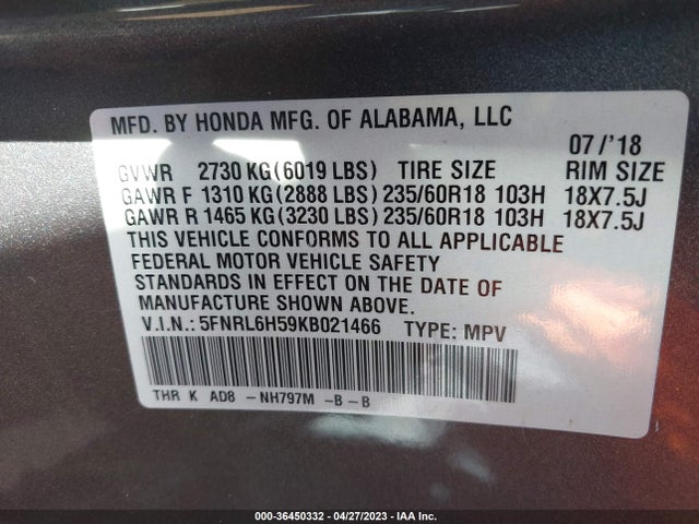 Honda ODYSSEY EX 2019 5FNRL6H59KB021466 Image 9