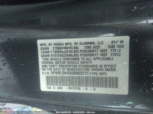 Honda ODYSSEY EX 2016 5FNRL5H45GB065215 Image 9