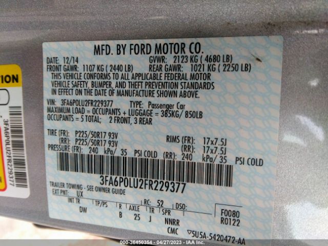 3FA6P0LU2FR229377 Ford Fusion Se Hybrid