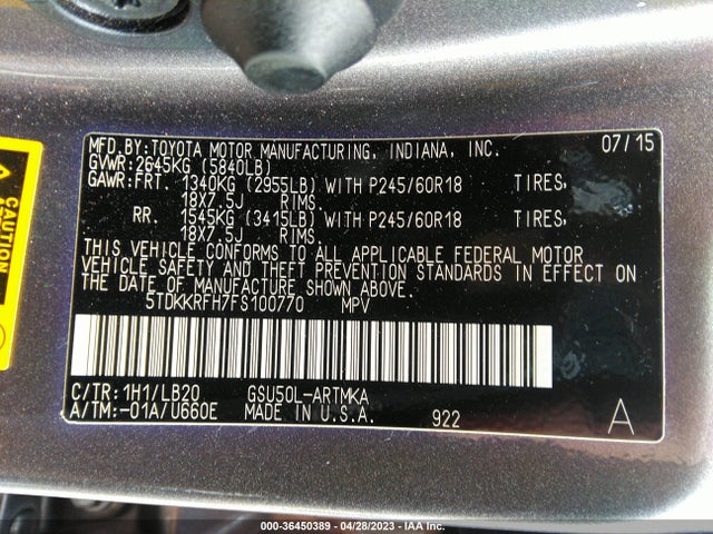 Toyota Highlander Xle V6 2015 5TDKKRFH7FS100770 Image 9