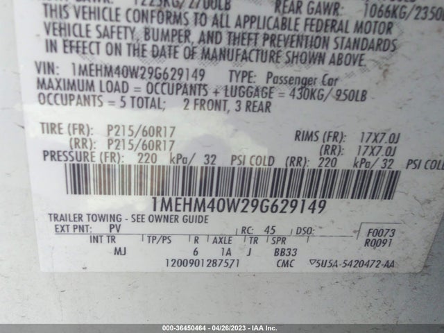 2009 MERCURY SABLE VIN: 1MEHM40W29G629149