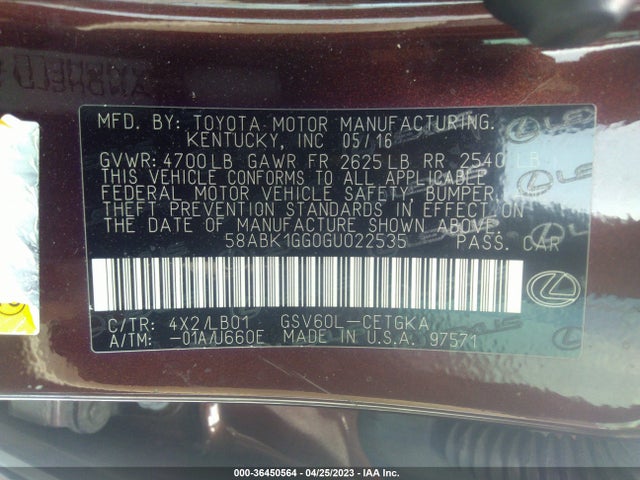 58ABK1GG0GU022535 Lexus ES 350