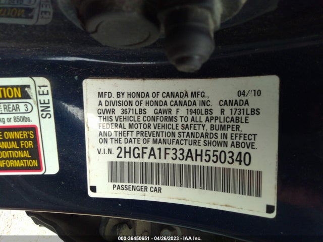 2010 HONDA CIVIC SDN DX-VP VIN: 2HGFA1F33AH550340