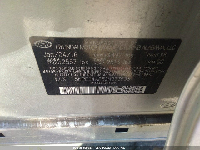 2016 HYUNDAI SONATA 2.4L SE VIN: 5NPE24AF5GH373638