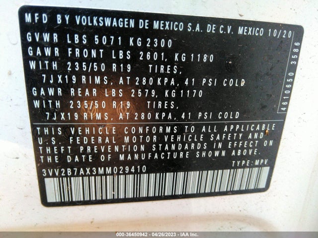 3VV2B7AX3MM029410 Volkswagen Tiguan Se/se R-line Black/sel