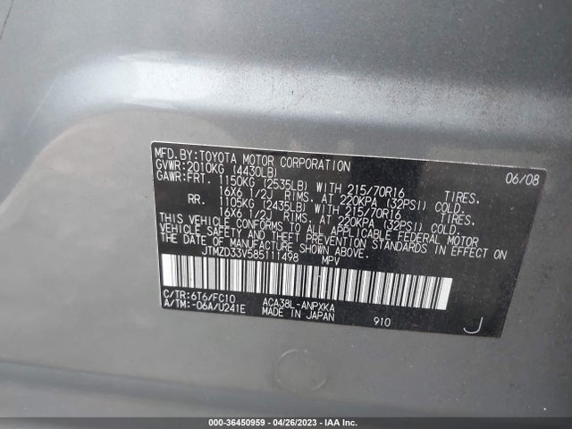 2008 TOYOTA RAV4 VIN: JTMZD33V585111498